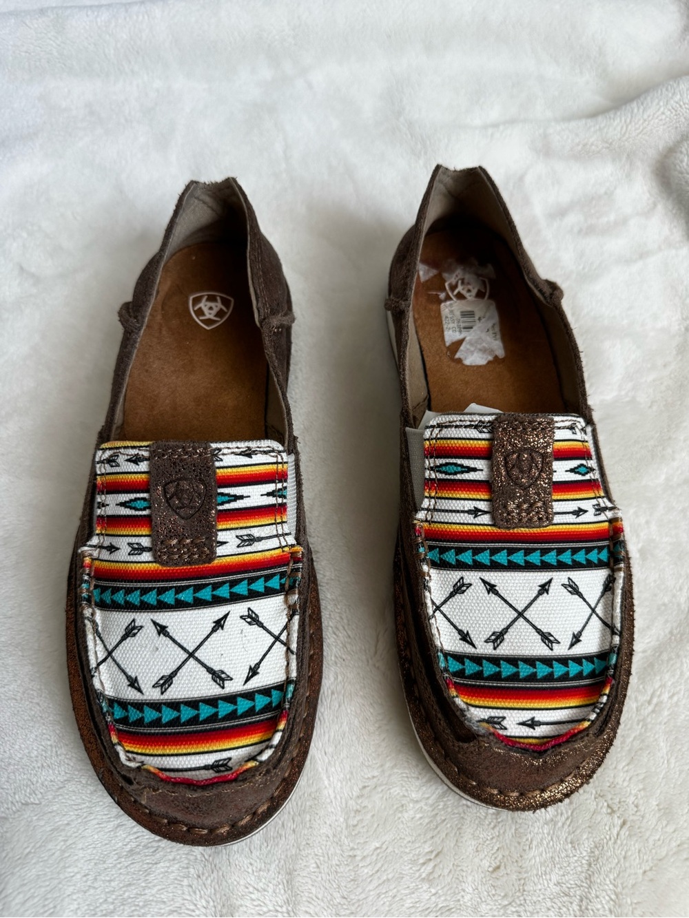 Ariat Brown Suede Moccasins with Multicolor Southwestern Print